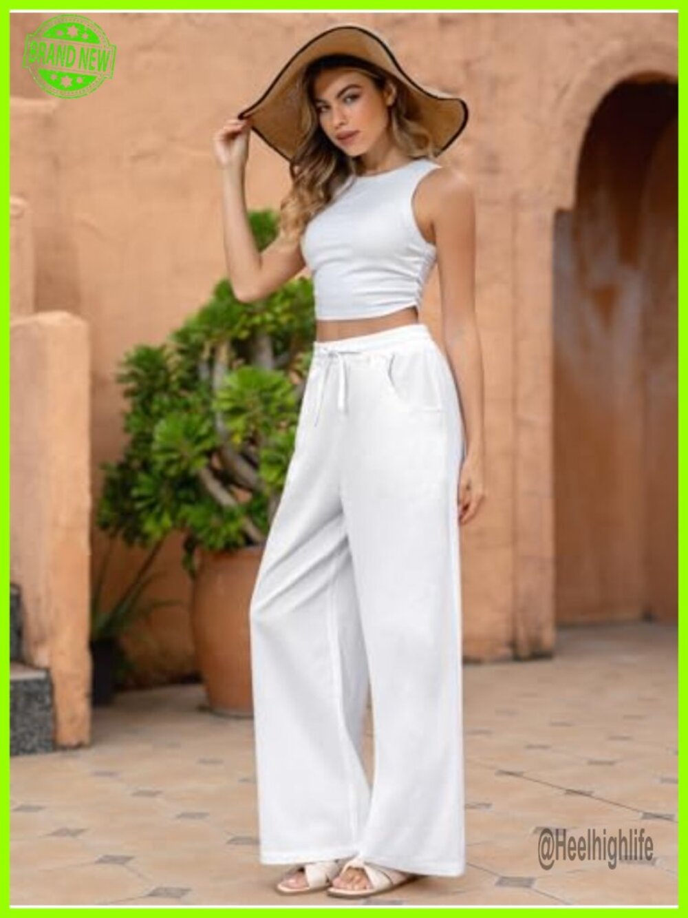 Women's High Waisted Wide Leg Linen Blend Palazzo Pants with Pockets - Picture 2 of 6